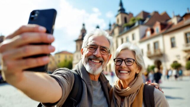Smiling senior couple taking a selfie while visiting old town square