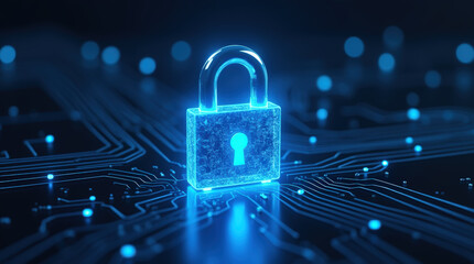 Glowing digital padlock for secure network on dark blue background . Cybersecurity, data protection, secure computing, fraud prevention, and encrypted digital networks concept.