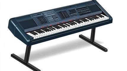 Detailed illustration of a digital keyboard synthesizer with multiple controls and bright keys, perfect for music production and composition settings in contemporary design.