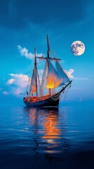 A sailboat floating in the ocean with a full moon in the background