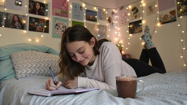 Dreamy teen girl writing in diary on bed cozy bedroom lifestyle portrait soft lighting relaxed atmosphere for seo impact