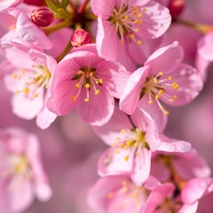 A soft and detailed image of pink cherry blossoms, showcasing their delicate beauty and yellow accents against a subtle, blurred background