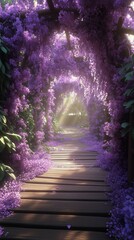 Obraz premium Pathway Lined With Purple Flowers Illuminated by Soft Sunlight in a Tranquil Garden Setting