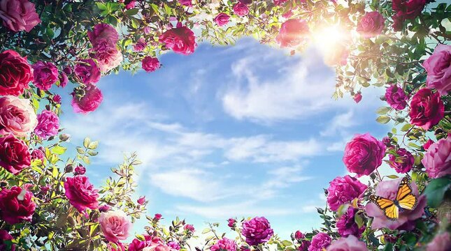 Bright sunny sky framed with vibrant pink roses, green leaves, and a butterfly in a blooming garden. Seamless looping video animation background