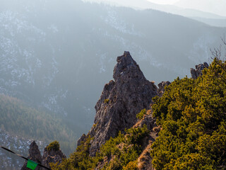 Dramatic Rocky Spire Rising Above Misty Forest Valley in Morning Light