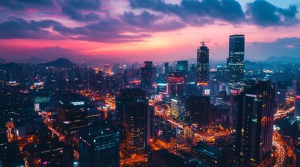 Obraz premium Stunning city skyline at dusk urban landscape high-resolution image vibrant colors aerial view urban development