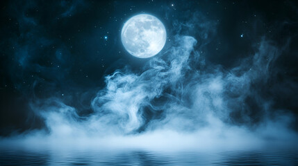 Fototapeta premium Full moon glowing above misty water at night