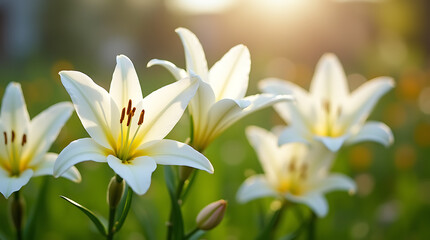 White Easter Lilies in Full Bloom Under the Sun in a Lush Garden, Symbolizing Purity and Renewal.