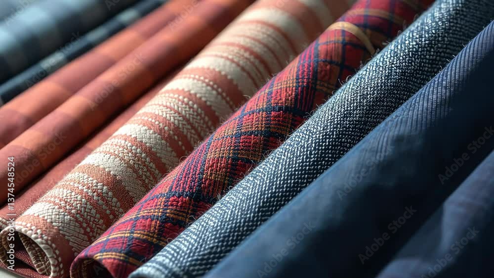 Poster A row of different colored fabric with a blue stripe. The blue stripe is on the left side of the row