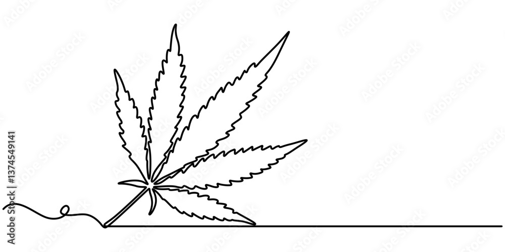 Poster cannabis leaf continuous line art. marijuana in minimalist style. one line art, continuous one line 