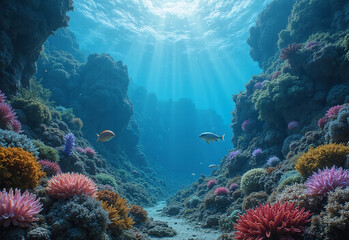 Fototapeta premium lush alien planet, vibrant underwater world, bioluminescent marine life, sprawling coral forests, colorful aquatic flora, ethereal sky filled with surreal clouds, diverse alien creatures swimming