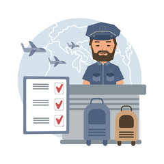 Customs control, customs officer, luggage, declaration against the background of the planet and airplanes. Illustration
