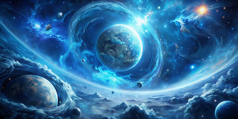 Bright planets float amidst swirling cosmic clouds in a vibrant galaxy. Brilliant stars punctuate the scene as deep blues and purples create a captivating atmosphere