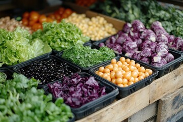 A colorful assortment of fresh produce displayed in containers at a market stall