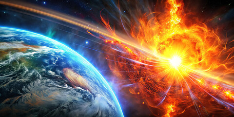 A vibrant cosmic explosion occurs near Earth, showcasing bright colors and dynamic energy. This astronomical event illustrates the beauty of space and the forces at play