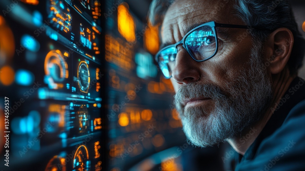 Poster A professional monitors logistics and transportation systems from a control center, analyzing data on digital displays related to mobility and security processes.