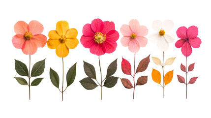 Variety of colorful flowers with stems and leaves isolated, cut out transparent