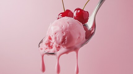 A spoon lifted mid-air with cherry ice cream, slow-motion drip captured, pastel pink background