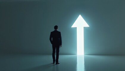 Fototapeta premium Professional in a minimalist setting with a glowing arrow pointing upwards
