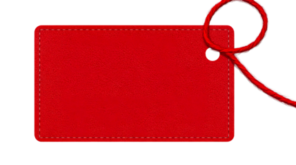 Vivid red tag with rope, price or gift label, close up isolated, cut out transparent