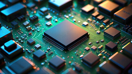 Close-up of integrated circuit board with microchip in green and blue lighting