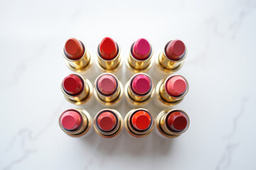 Vibrant lipstick collection in assorted shades on white background