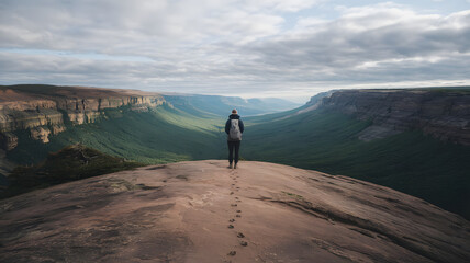 Hiker Standing on Cliff Edge Overlooking Valley
