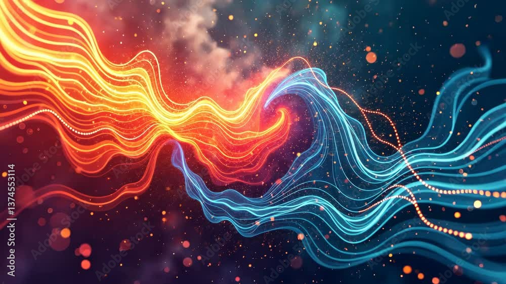 Poster a vibrant, swirling line of red and blue colors. the red line stretches from the left side of the im