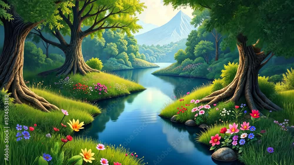 Poster a river with a green forest on either side. the river is surrounded by rocks and has a lot of flower
