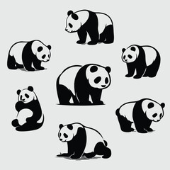 Silhouette Collection of Pandas in Various Poses and Natural Activities for Wildlife
