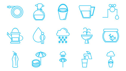 Set of water vector icons in blue lines with a white background