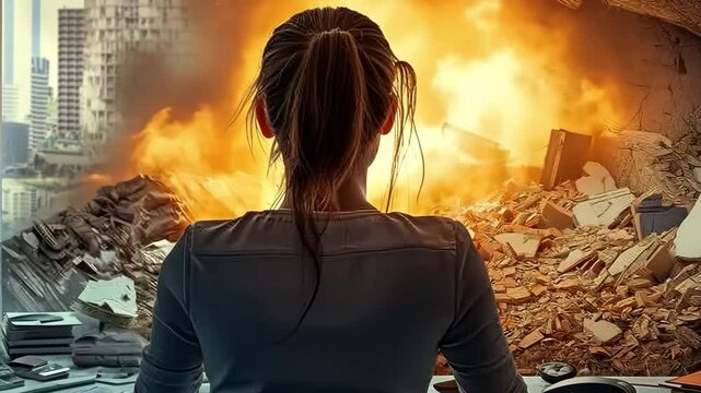 A woman in dire need amid a powerful earthquake.  A strong earthquake strikes the office, and the woman there frantically waits for it to cease or end.