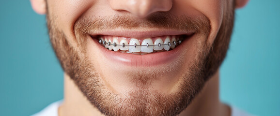 Fototapeta premium Close-up of a smiling woman with braces. Closeup portrait of a happy male model showing her teeth and dental work. Realistic photo, stock photography, professional color grading, clear sharp focus.