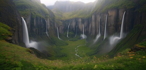 A deep fjord where multiple waterfalls crash down in synchronized streams, sending mist into the cool air. The lush green valley below is dotted with tiny wildflowers.