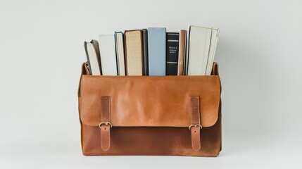 Elegant leather messenger bag filled with assorted books, showcasing a blend of vintage and modern literature, perfect for academic and stylish endeavors.