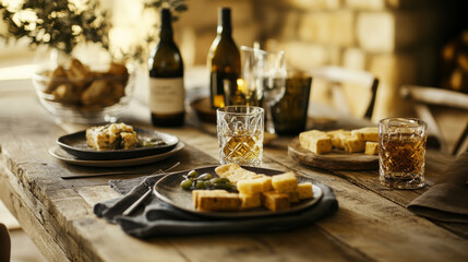 Fototapeta premium A casual table setting arranged with snack plates and whiskey glasses