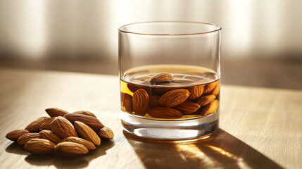 A chilled whiskey served in a glass with a side of almonds, captured in a sharply focused frame