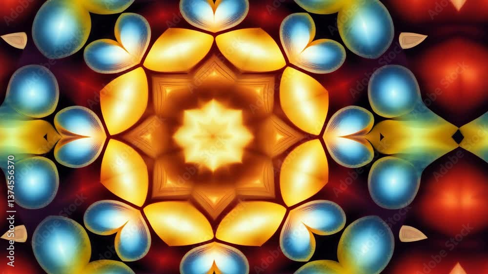 Poster a colorful design with a red center and blue and orange surrounding it. the design is made up of man