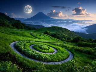 Spiral Gardens with Moonlit Mountain.