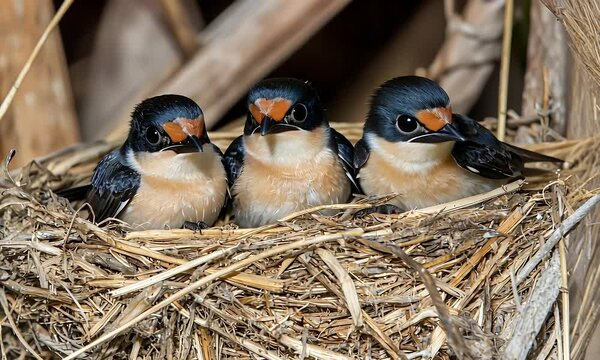 Three fledgling swallows in a nest, huddled close, awaiting their mother's return to feed them