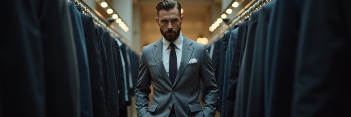 Fototapeta premium A confident man in a stylish suit stands amid elegant hanging garments, showcasing sophistication and fashion in a tailored environment.