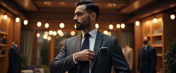 A stylish man in a tailored suit adjusts his outfit in an elegant, upscale setting, radiating confidence and sophistication.