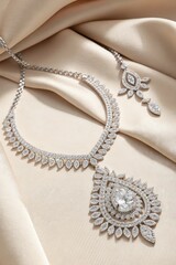 Fototapeta premium A Luxurious Jewelry Set Lies Elegantly on a Soft Fabric Surface