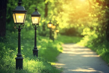 Clean street lamps lining a serene path in a lush green park during daylight Generative AI