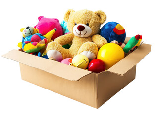Isolated Cardboard Box with Soft Toys