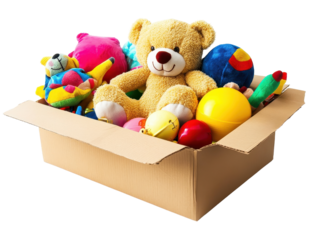 Isolated Cardboard Box with Soft Toys