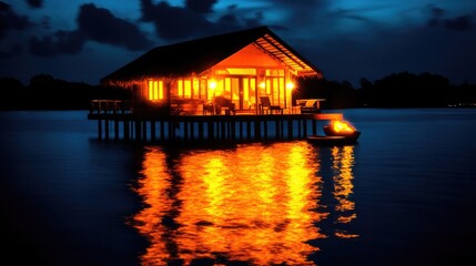 Fototapeta premium Water hut glows warmly, reflecting bright light onto the dark water under a deep blue sky at twilight