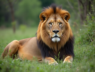 Fototapeta premium Regal Lion Relaxing in the Vibrant Green Landscape of Africa's Untamed Wilderness, Surrounded by Nature's Beauty