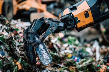Close up view of a trash picker tool collecting plastic waste at a landfill Generative AI