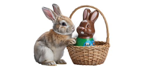 Cute rabbit beside a chocolate bunny in a woven basket during springtime celebration